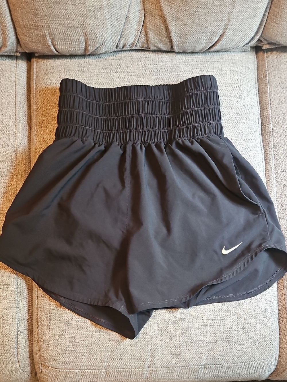 Nike Women's Black Smocked-Waist Athletic Shorts with White Swoosh